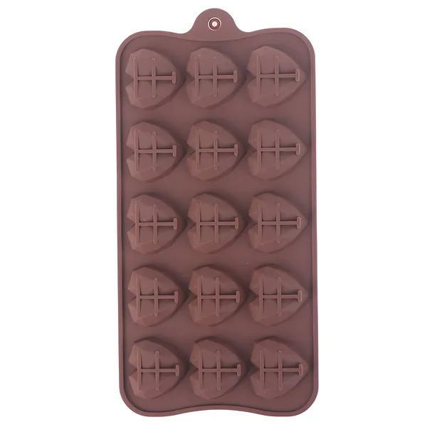 Brown silicone chocolate mold with 15 diamond heart-shaped cavities.